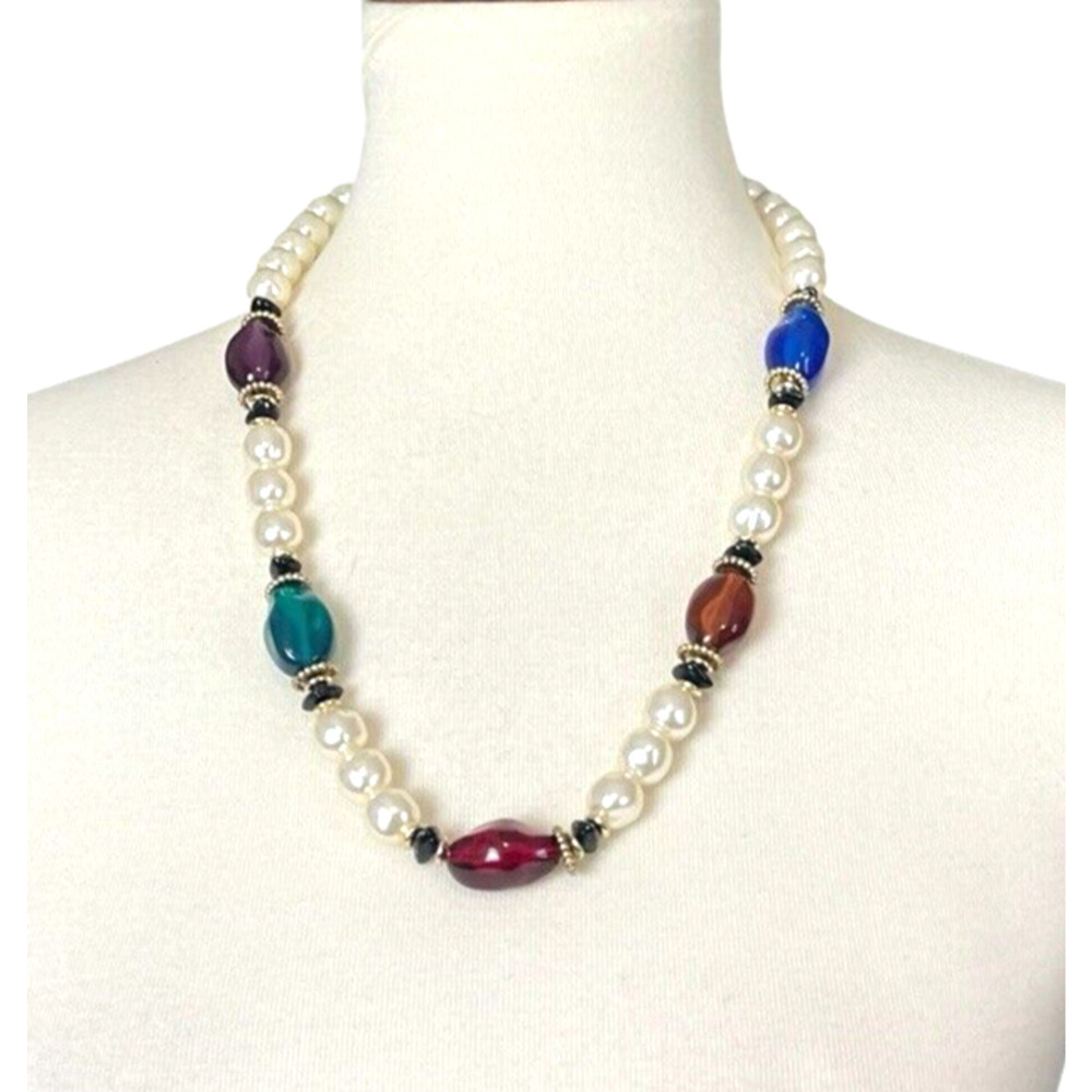 Vintage Multicolor Stone & Faux Pearl Necklace Chunky 24 inch Statement Jewelry